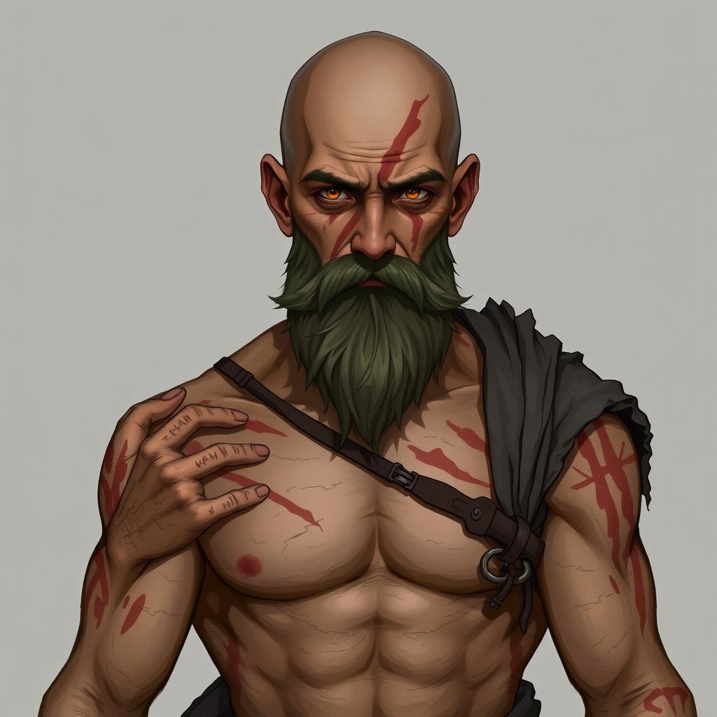 A fantasy character design for a Dungeons & Dragons monk with light brown skin, featuring scars across his body and a prominent scar on his face