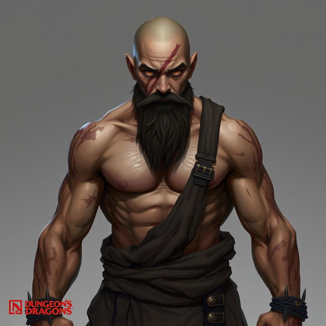 A fantasy character design for a Dungeons & Dragons monk with light brown skin, featuring scars across his body and a prominent scar on his face