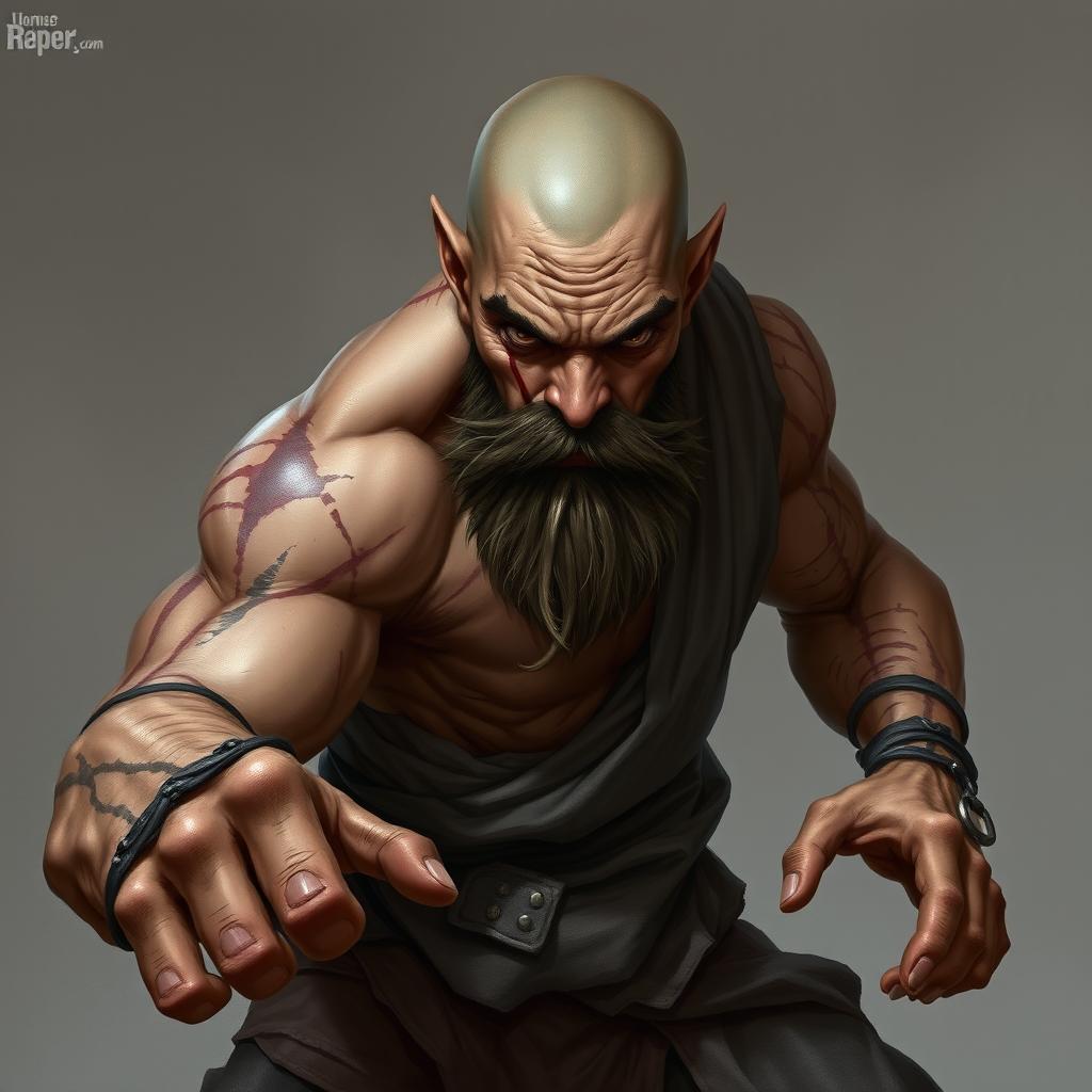 A fantasy character design of a Dungeons & Dragons monk with light brown skin, showcasing scars across his body and a prominent facial scar