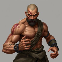 A fantasy character design of a Dungeons & Dragons monk with light brown skin, showcasing scars across his body and a prominent facial scar