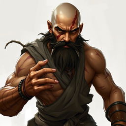 A fantasy character design of a Dungeons & Dragons monk with light brown skin, showcasing scars across his body and a prominent facial scar