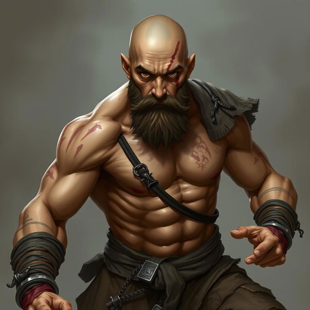 A fantasy character design of a Dungeons & Dragons monk with light brown skin, showcasing scars across his body and a prominent facial scar