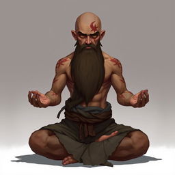 A fantasy character design for a Dungeons & Dragons monk with light brown skin, adorned with scars on his body and a distinctive scar on his face