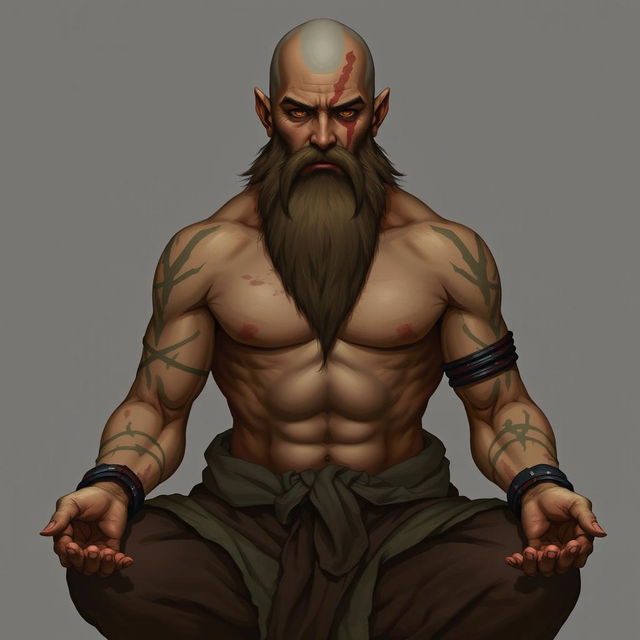 A fantasy character design for a Dungeons & Dragons monk with light brown skin, adorned with scars on his body and a distinctive scar on his face