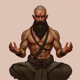 A fantasy character design for a Dungeons & Dragons monk with light brown skin, adorned with scars on his body and a distinctive scar on his face