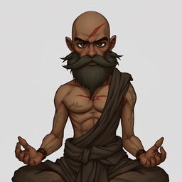 A fantasy character design for a Dungeons & Dragons monk with light brown skin, adorned with scars on his body and a distinctive scar on his face