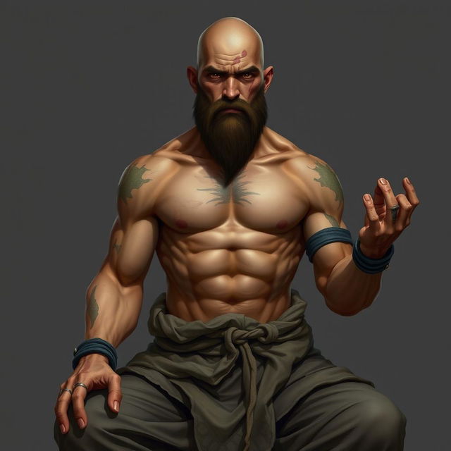 A fantasy character design for a Dungeons & Dragons monk, around 45 years old, with light brown skin, featuring scars on his body and a notable scar on his face