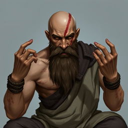 A fantasy character design for a Dungeons & Dragons monk, around 45 years old, with light brown skin, featuring scars on his body and a notable scar on his face