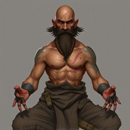 A fantasy character design for a Dungeons & Dragons monk, around 45 years old, with light brown skin, featuring scars on his body and a notable scar on his face