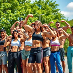 A dynamic group photo featuring a diverse group of fitness enthusiasts showcasing their impressive lats and muscular physiques