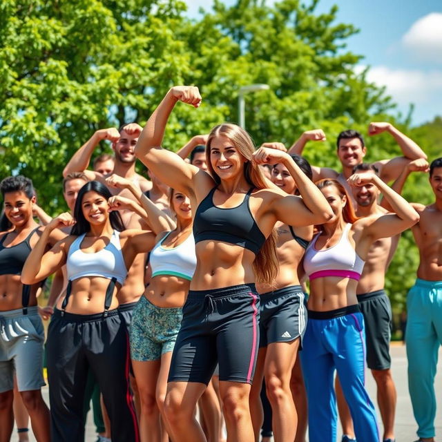 A dynamic group photo featuring a diverse group of fitness enthusiasts showcasing their impressive lats and muscular physiques