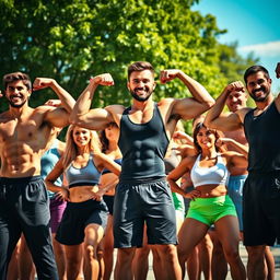 A dynamic group photo featuring a diverse group of fitness enthusiasts showcasing their impressive lats and muscular physiques