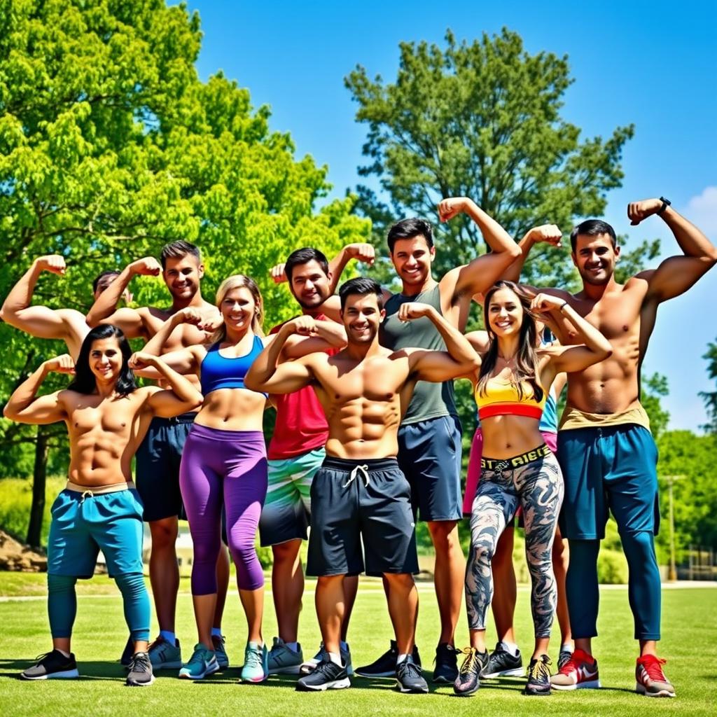 A dynamic group photo featuring a diverse group of fitness enthusiasts showcasing their impressive lats and muscular physiques