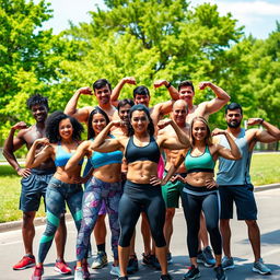 A dynamic group photo featuring a diverse group of fitness enthusiasts showcasing their impressive lats and muscular physiques
