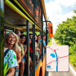 A vibrant scene depicting public transportation along a lush green route