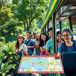 A vibrant scene depicting public transportation along a lush green route