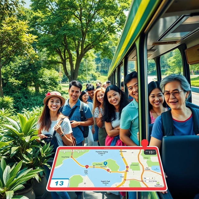 A vibrant scene depicting public transportation along a lush green route