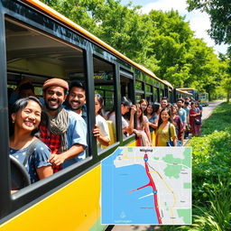 A vibrant scene depicting public transportation along a lush green route