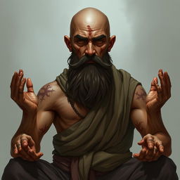 A fantasy character design for a Dungeons & Dragons monk, approximately 45 years old, with light brown skin, featuring scars on his body and a noticeable scar on his face