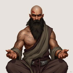 A fantasy character design for a Dungeons & Dragons monk, approximately 45 years old, with light brown skin, featuring scars on his body and a noticeable scar on his face