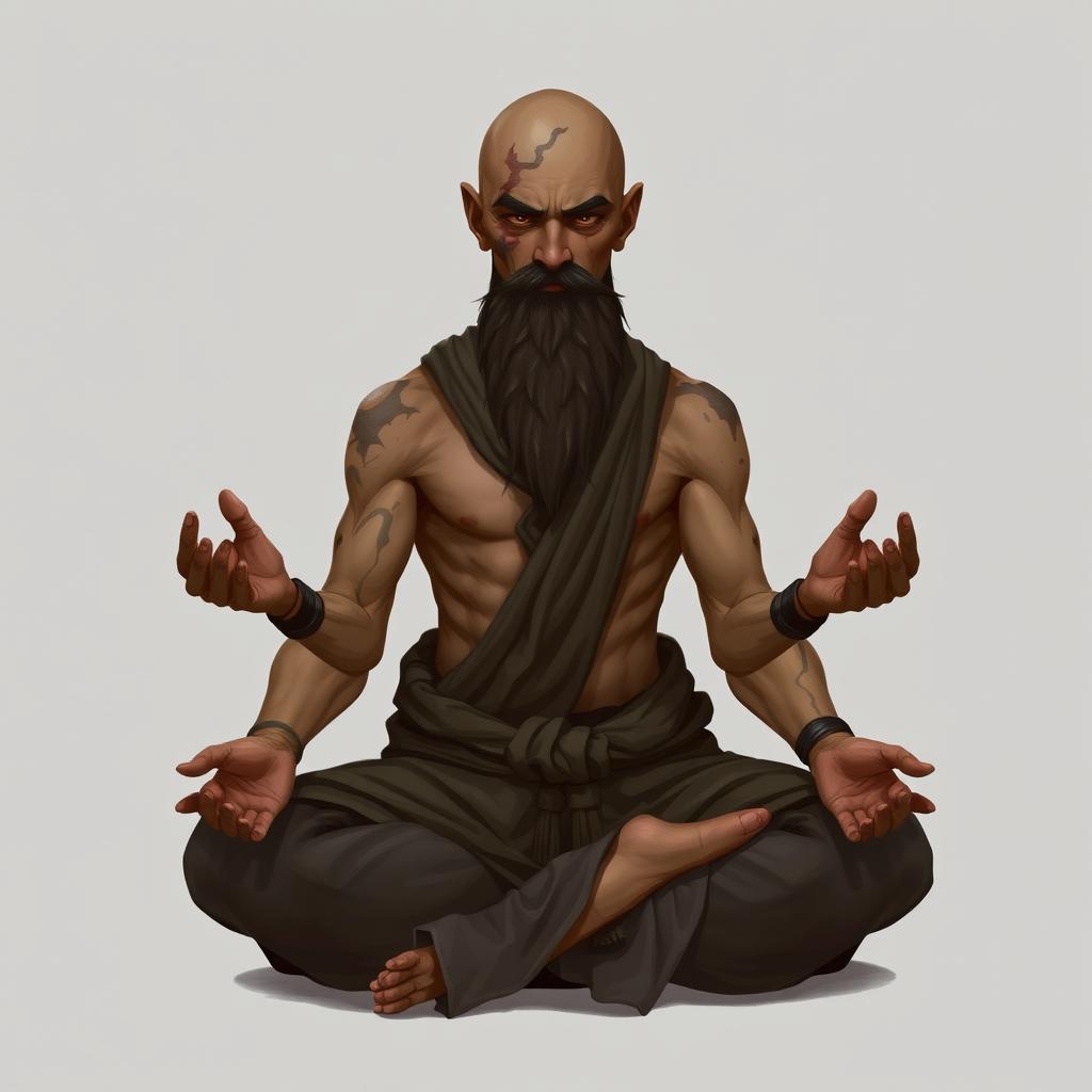 A fantasy character design for a Dungeons & Dragons monk, approximately 45 years old, with light brown skin, featuring scars on his body and a noticeable scar on his face