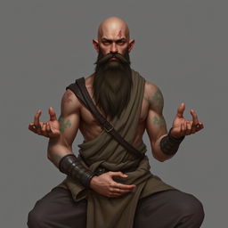 A fantasy character design for a Dungeons & Dragons monk, approximately 45 years old, with light brown skin, featuring scars on his body and a noticeable scar on his face
