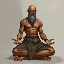 A fantasy character design for a Dungeons & Dragons monk, around 45 years old, with light brown skin, featuring scars on his body and a noticeable scar on his face