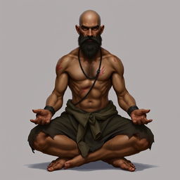 A fantasy character design for a Dungeons & Dragons monk, around 45 years old, with light brown skin, featuring scars on his body and a noticeable scar on his face