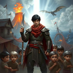 In a fantastical scene, a heroic half-elf with short black hair is illuminated by divine light, standing protectively around a group of poor human children