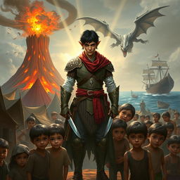 In a fantastical scene, a heroic half-elf with short black hair is illuminated by divine light, standing protectively around a group of poor human children