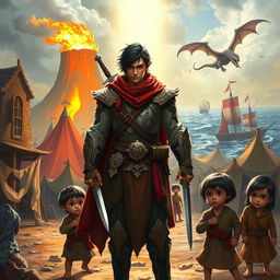 In a fantastical scene, a heroic half-elf with short black hair is illuminated by divine light, standing protectively around a group of poor human children