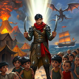 In a fantastical scene, a heroic half-elf with short black hair is illuminated by divine light, standing protectively around a group of poor human children