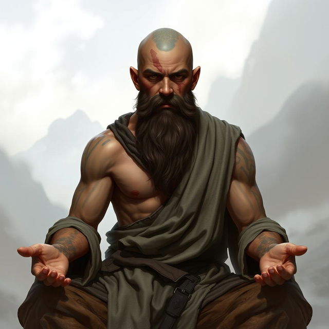 A fantasy character design for a Dungeons & Dragons monk, approximately 45 years old and 1