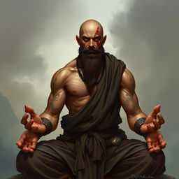 A fantasy character design for a Dungeons & Dragons monk, approximately 45 years old and 1