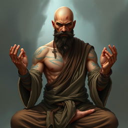 A fantasy character design for a Dungeons & Dragons monk, approximately 45 years old and 1