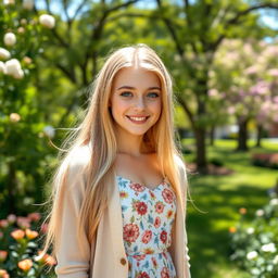 A beautiful 18-year-old Caucasian girl with long flowing blonde hair, bright blue eyes, and a radiant smile
