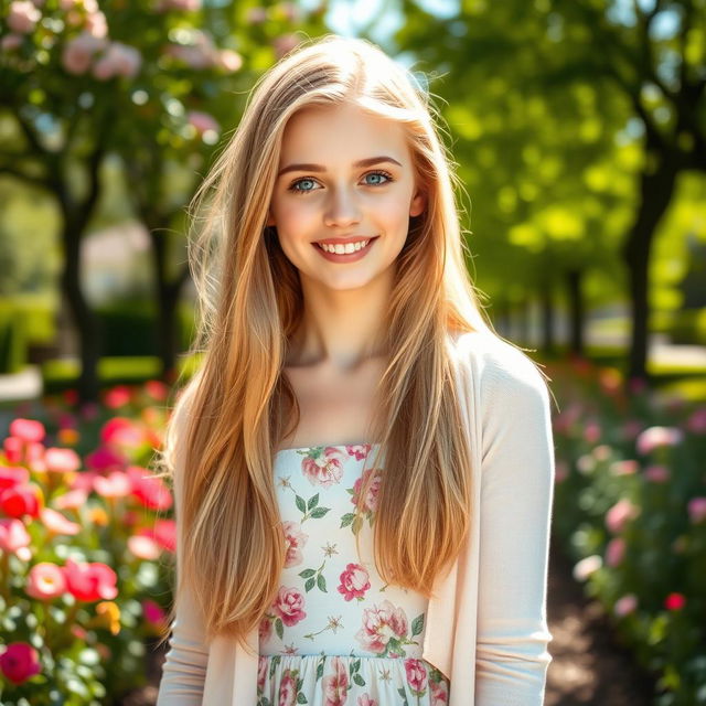 A beautiful 18-year-old Caucasian girl with long flowing blonde hair, bright blue eyes, and a radiant smile