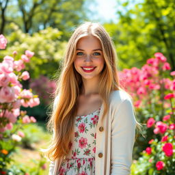 A beautiful 18-year-old Caucasian girl with long flowing blonde hair, bright blue eyes, and a radiant smile