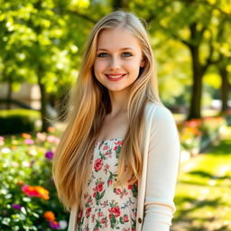 A beautiful 18-year-old Caucasian girl with long flowing blonde hair, bright blue eyes, and a radiant smile