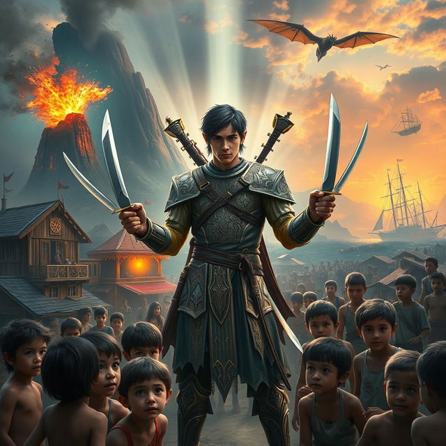 In a fantastical scene, a heroic half-elf around 30 years old with short black hair is illuminated by divine light, standing protectively around a group of poor human children