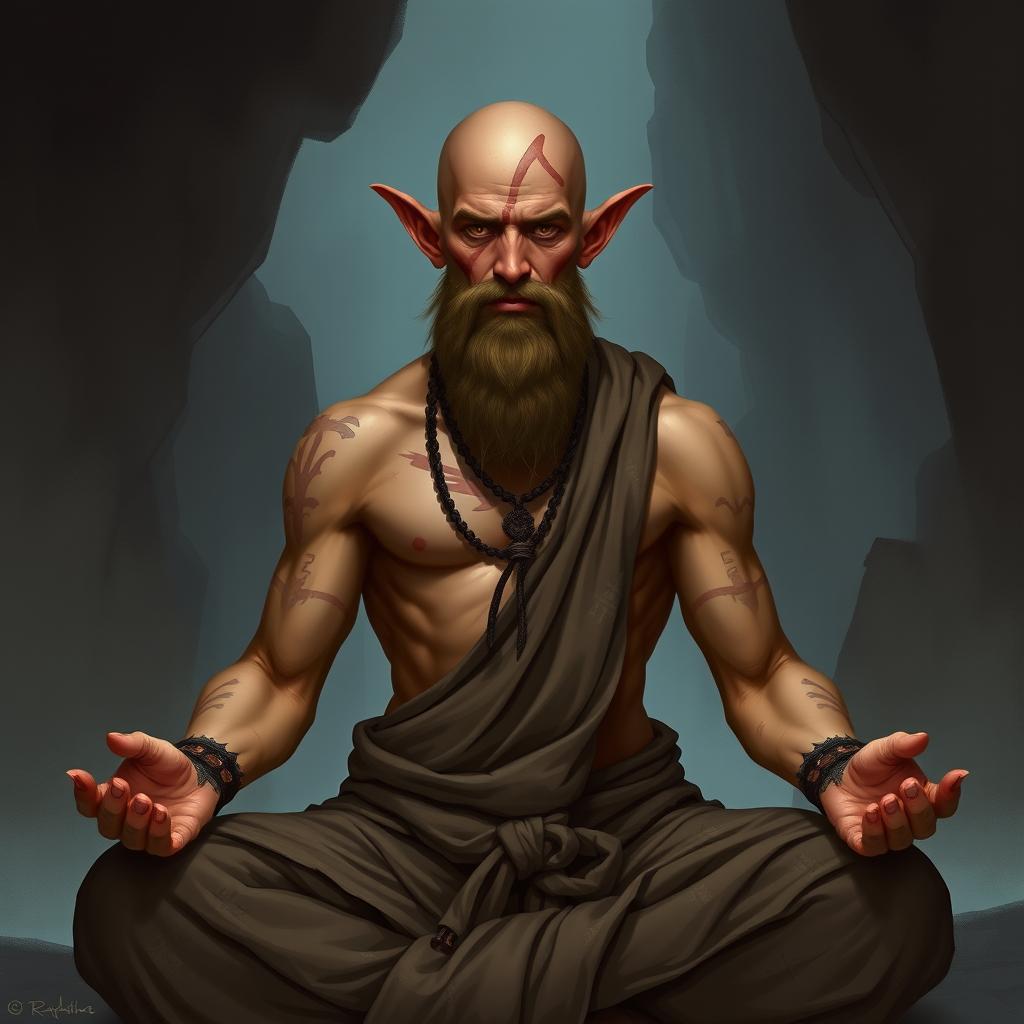 A fantasy character design for a Dungeons & Dragons monk, approximately 45 years old and 1