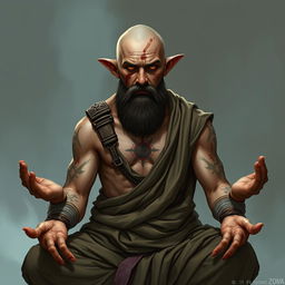 A fantasy character design for a Dungeons & Dragons monk, approximately 45 years old and 1