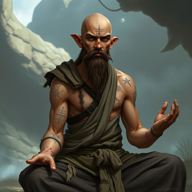 A fantasy character design for a Dungeons & Dragons monk, approximately 45 years old and 1