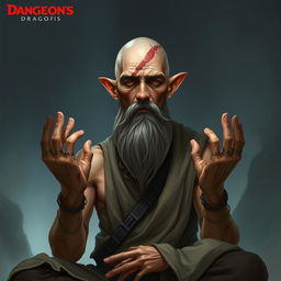 A fantasy character design for a Dungeons & Dragons monk, approximately 45 years old and 1