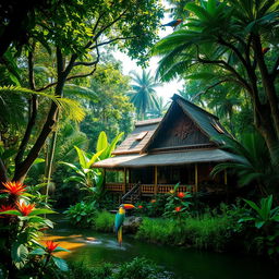 A beautiful Horo house nestled in the lush Amazon jungle, surrounded by vibrant green foliage, towering trees, and colorful tropical flowers