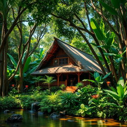 A beautiful Horo house nestled in the lush Amazon jungle, surrounded by vibrant green foliage, towering trees, and colorful tropical flowers