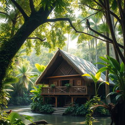 A beautiful Horo house nestled in the lush Amazon jungle, surrounded by vibrant green foliage, towering trees, and colorful tropical flowers