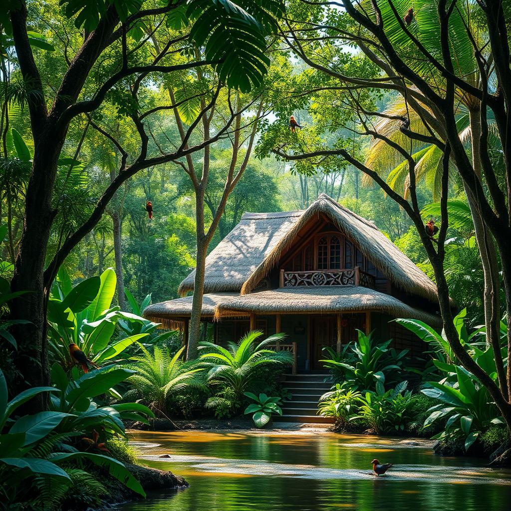 A beautiful Horo house nestled in the lush Amazon jungle, surrounded by vibrant green foliage, towering trees, and colorful tropical flowers