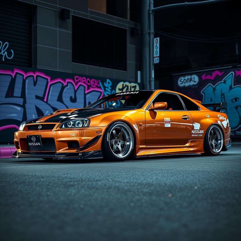 A sleek Nissan car in an intriguing JDM style, featuring customized low-profile wheels, showcasing a sporty and aggressive stance