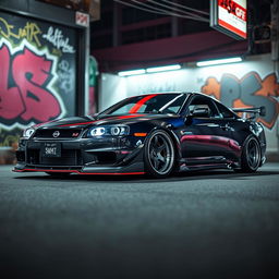 A sleek Nissan car in an intriguing JDM style, featuring customized low-profile wheels, showcasing a sporty and aggressive stance